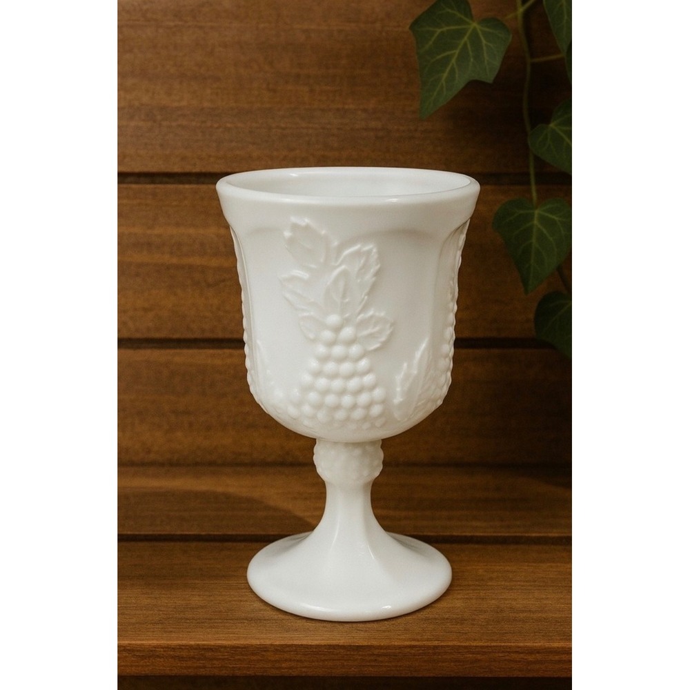 Vintage Indiana Glass Milk‎ Glass Harvest Grape Pedestal Goblet, White